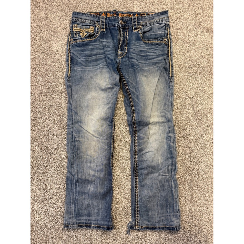 Rock Revival Terrell Slim Straight Jeans Mens Size 36 Embellished Denim‎ Blue